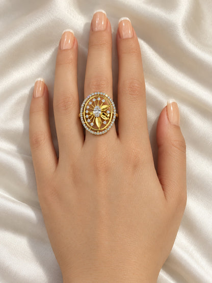 White Center Stone Oval Sunburst Ring - Gold Plated - model close-up