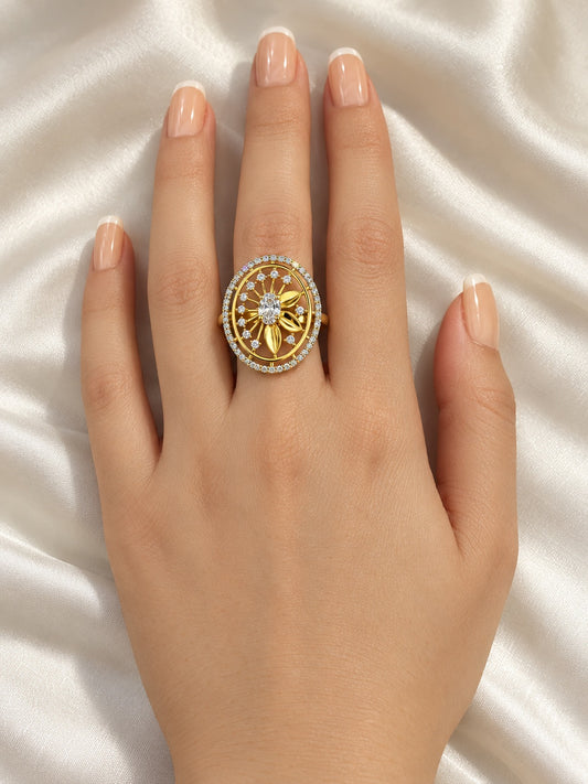 White Center Stone Oval Sunburst Ring - Gold Plated - model close-up