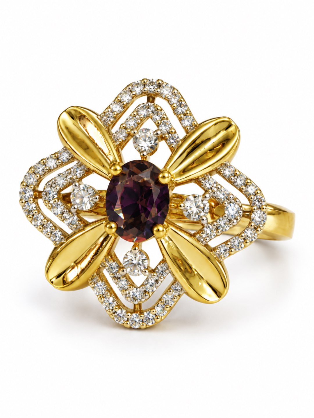 Purple Center Stone Four-Petal Floral Ring - Gold Plated