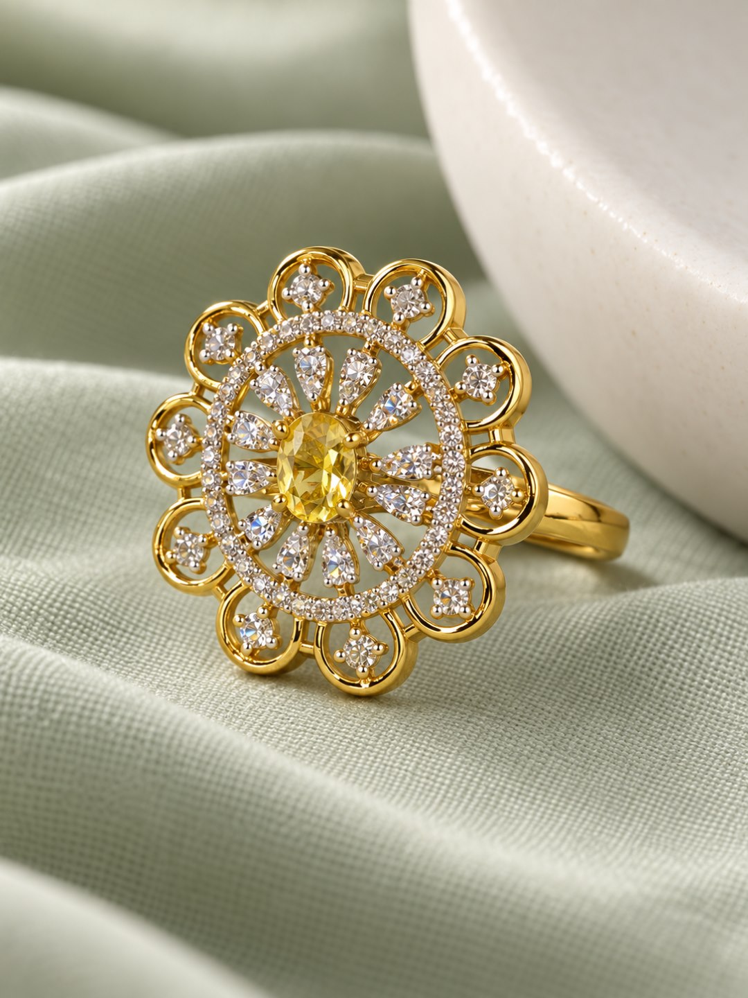 Yellow Center Stone Scalloped Floral Halo Ring - Gold Plated