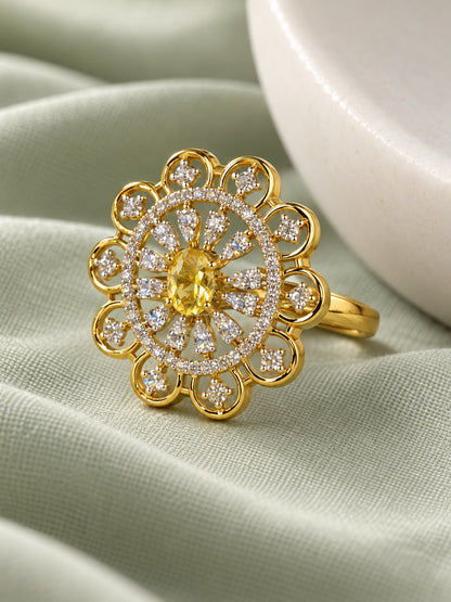 Yellow Center Stone Scalloped Floral Halo Ring - Gold Plated