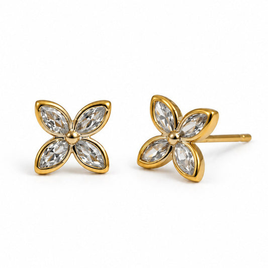 Clear Marquise Stone Four Petal Stud Earrings - Gold Plated, product view