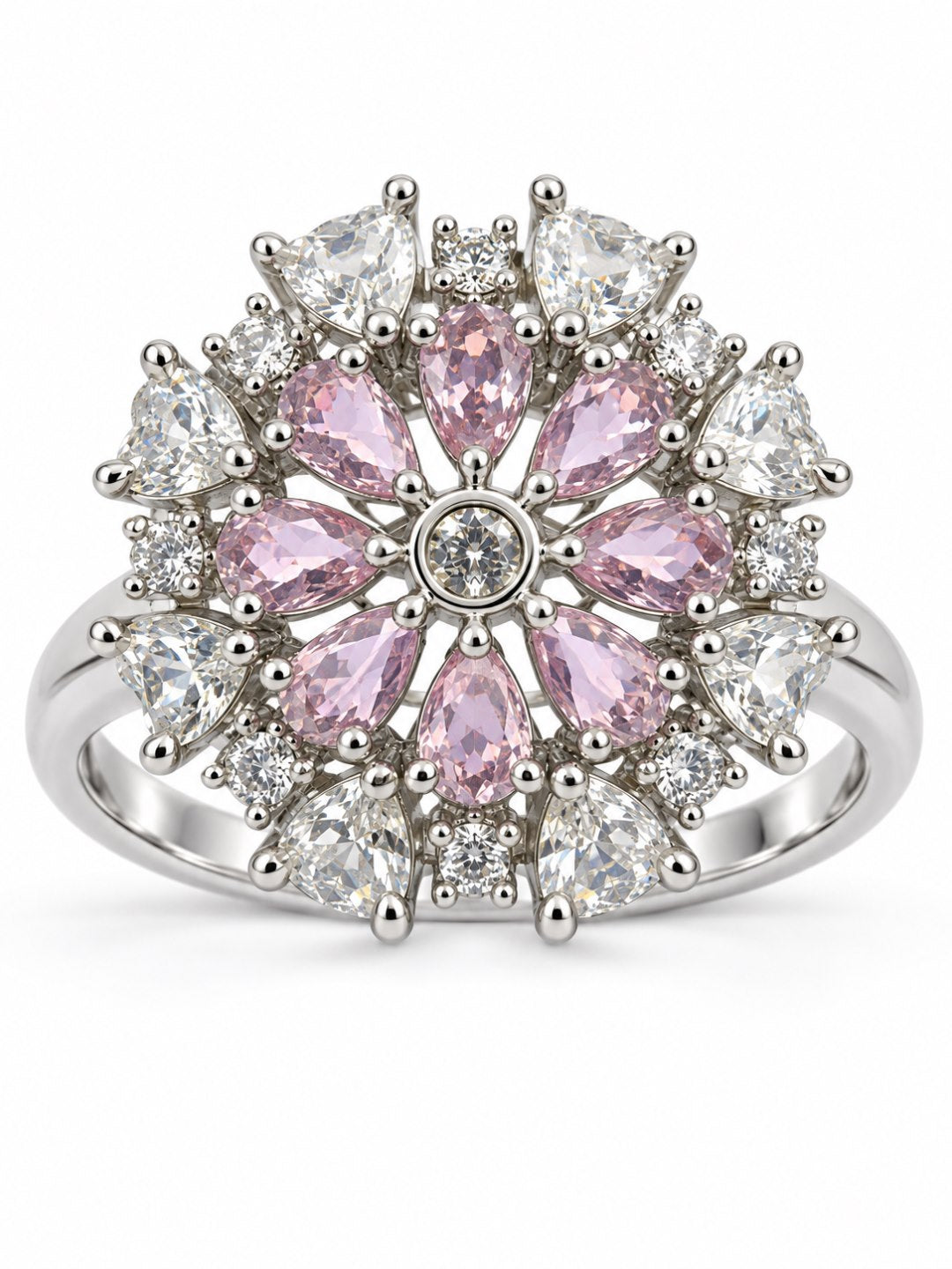 Pink Petal Halo Flower Ring - Silver Plated - alternate view
