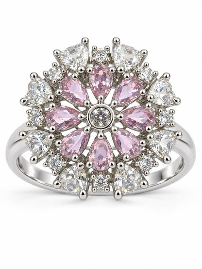 Pink Petal Halo Flower Ring - Silver Plated - alternate view