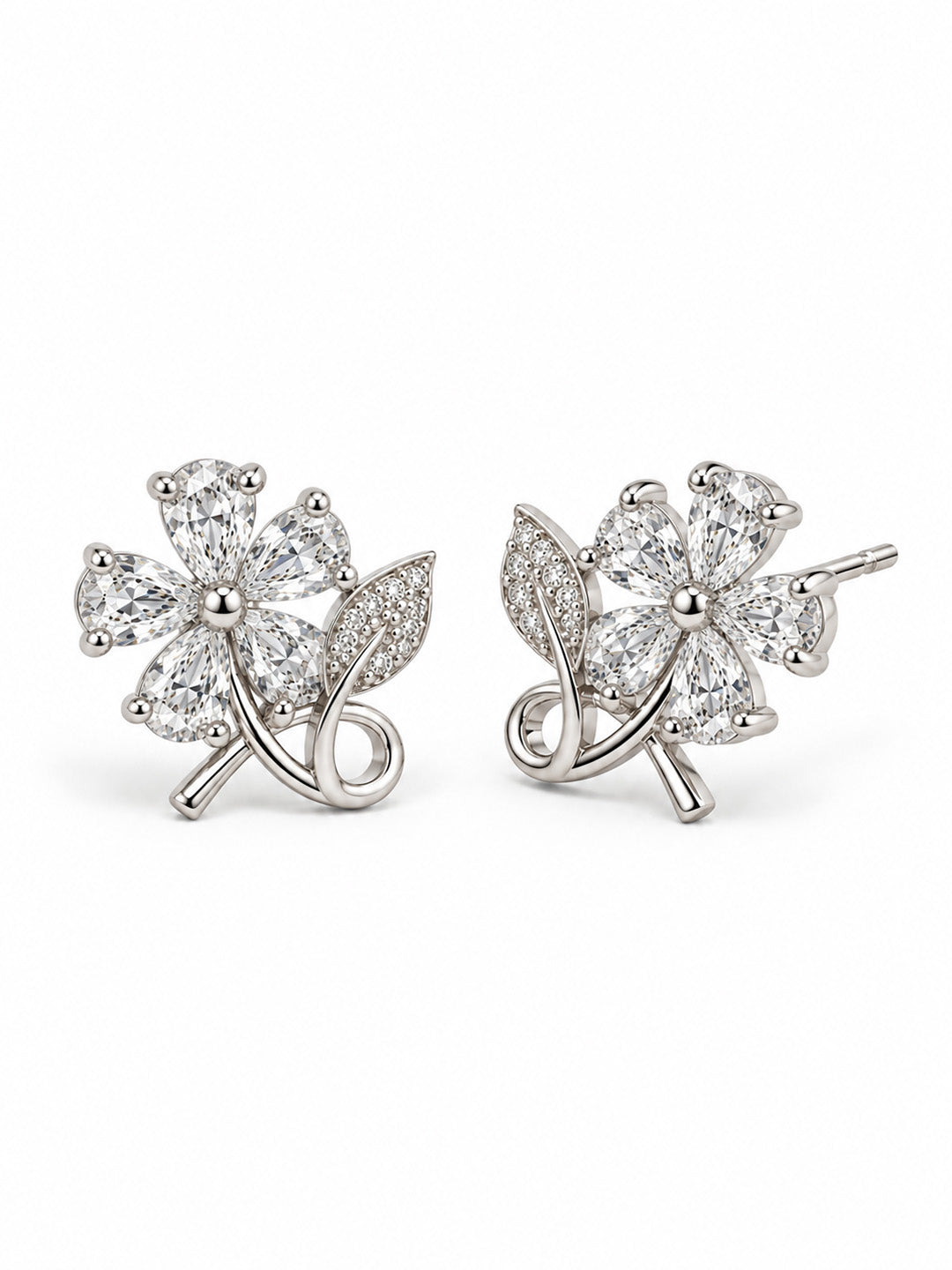 Clear Flower and Leaf Stud Earrings, silver plated, alternate product view