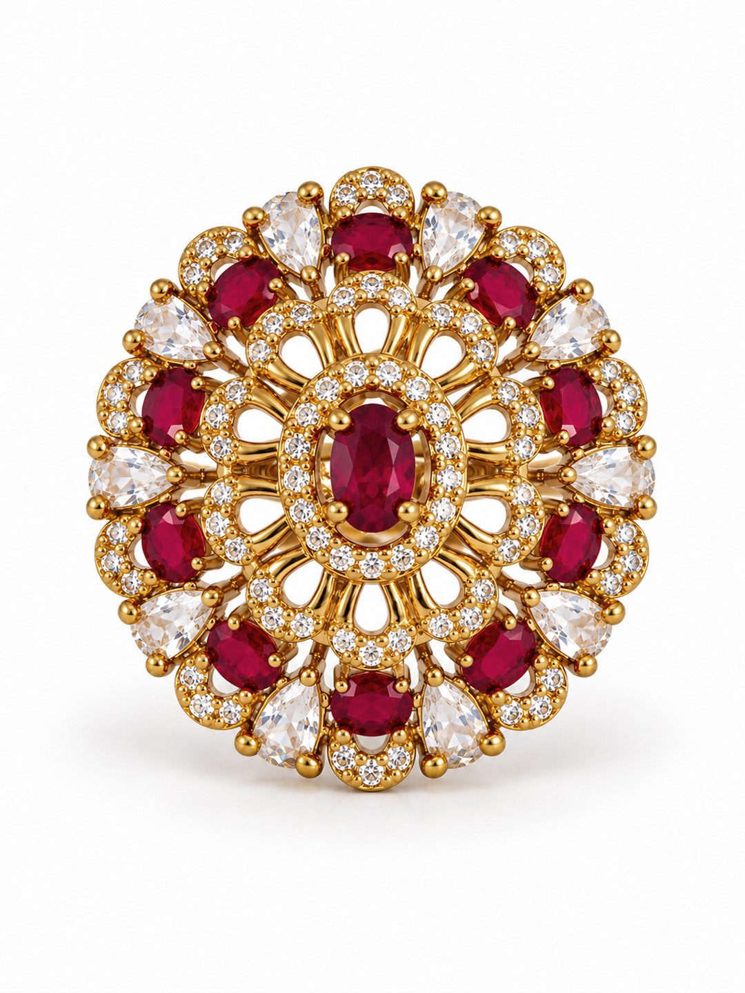 Red Stone Ornate Floral Cluster Ring - Gold Plated, additional view 4