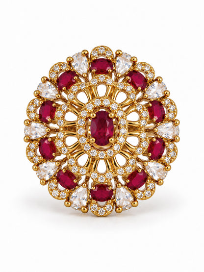 Red Stone Ornate Floral Cluster Ring - Gold Plated, additional view 4