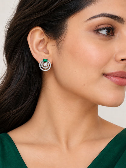 Green Stone Double Halo Stud Earrings, silver plated, model close-up