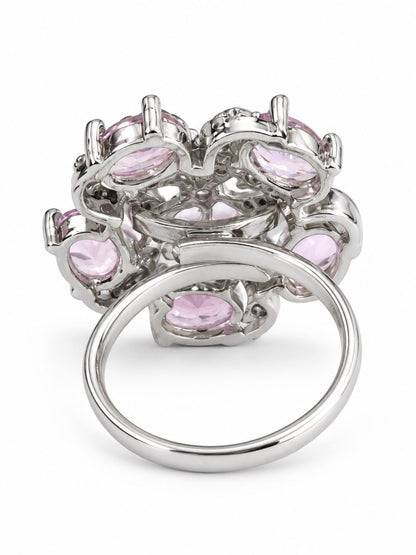 Pink Oval Stone Floral Ring - Silver Plated - alternate view