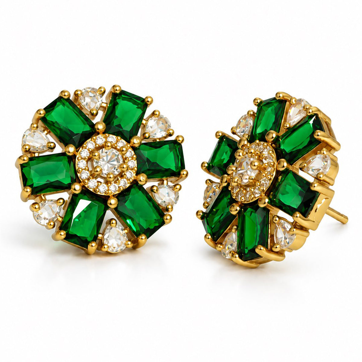 Green Baguette Petal Floral Stud Earrings - Gold Plated
