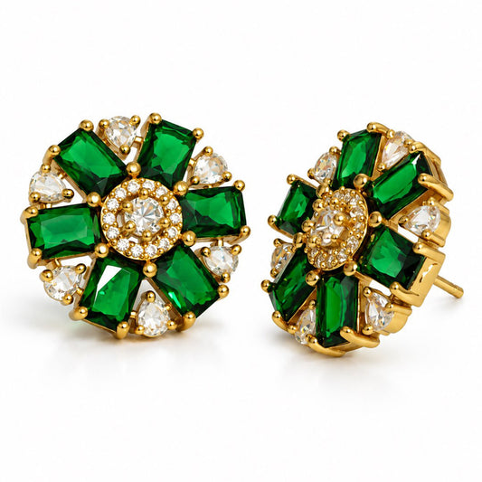 Green Baguette Petal Floral Stud Earrings - Gold Plated