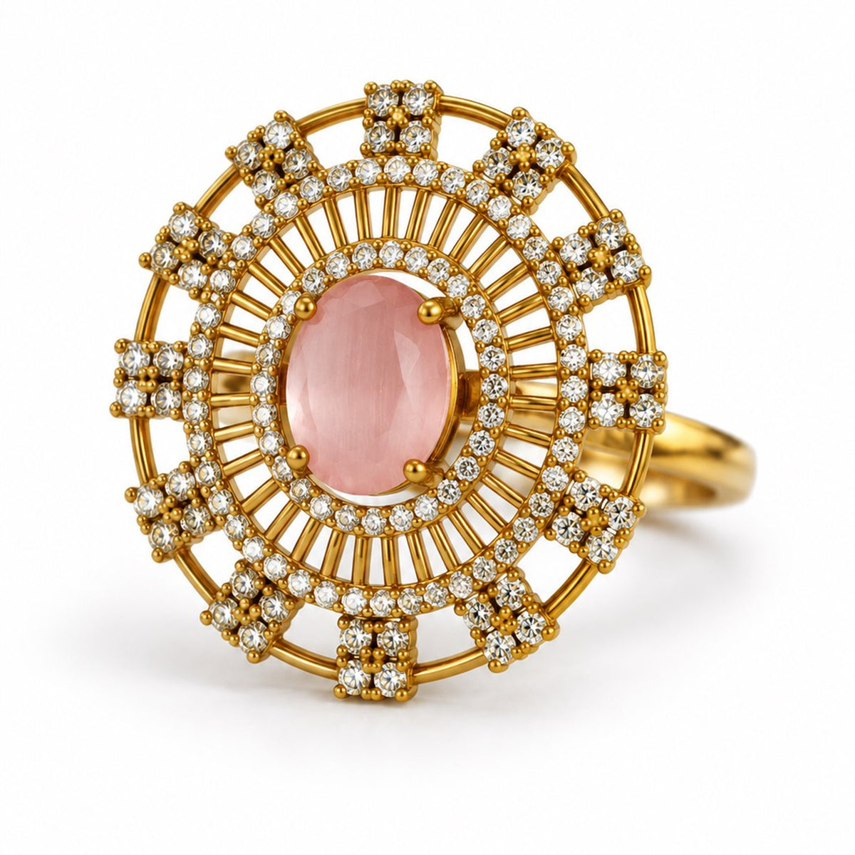 Pink Stone Oval Baguette Halo Ring - Gold Plated, product view