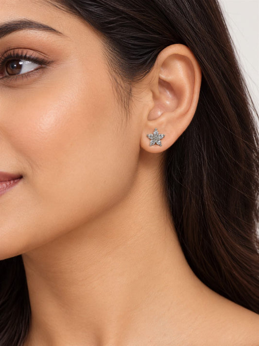 Clear Stone Star Flower Stud Earrings, silver plated, model close-up