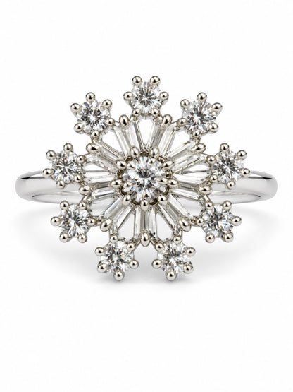 Clear Floral Starburst Ring - Silver Plated