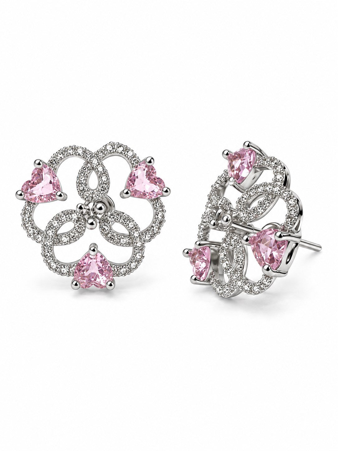 Pink Heart Stone Openwork Floral Stud Earrings in silver plating