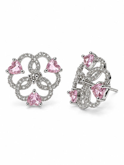 Pink Heart Stone Openwork Floral Stud Earrings in silver plating
