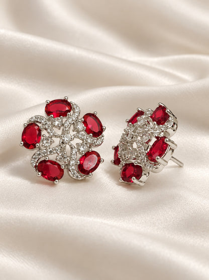 Red Oval Stone Floral Stud Earrings in silver plating