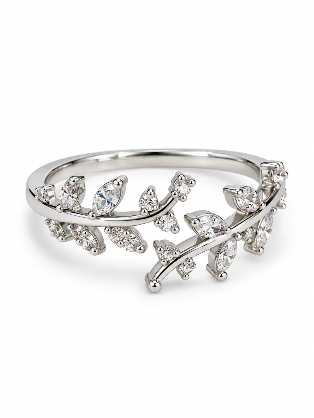 Clear Leaf Vine Ring - Silver Plated