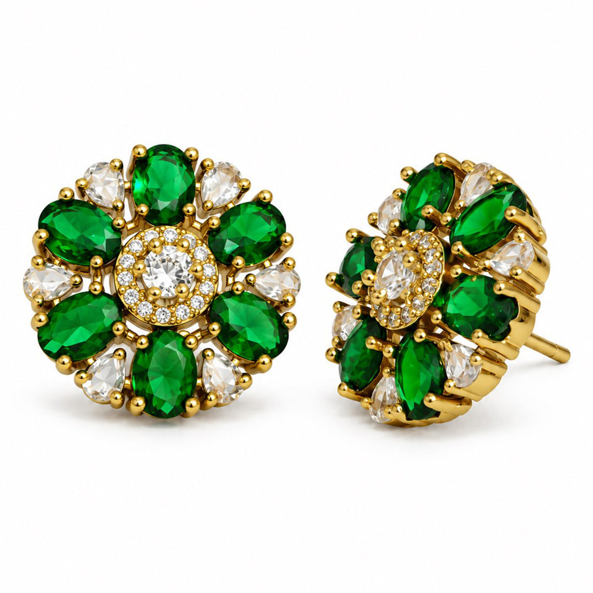 Green Oval Petal Floral Stud Earrings - Gold Plated