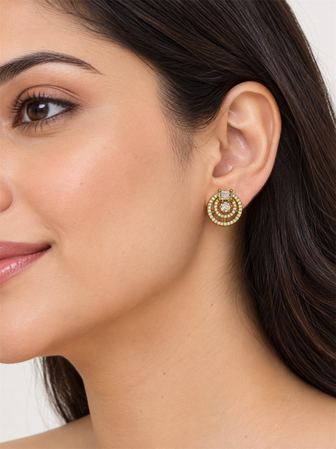 Clear Stone Double Halo Stud Earrings, gold plated, model close-up