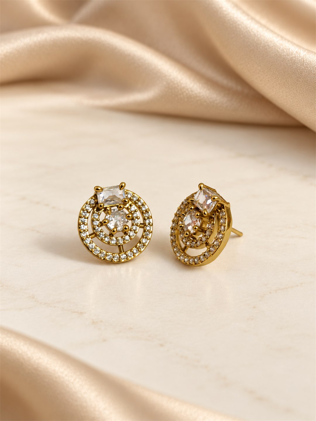 Clear Stone Double Halo Stud Earrings, gold plated, lifestyle view
