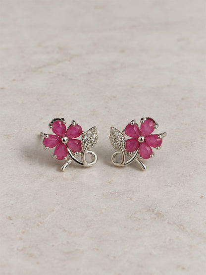 Pink Flower and Leaf Stud Earrings, silver plated, lifestyle view
