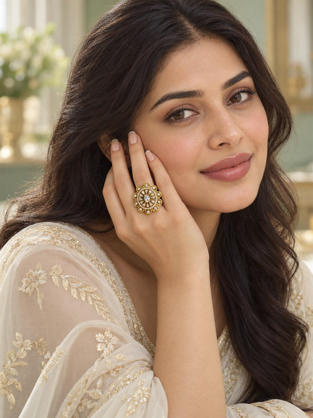 Clear Stone Scalloped Floral Ring - Gold Plated, additional view 2