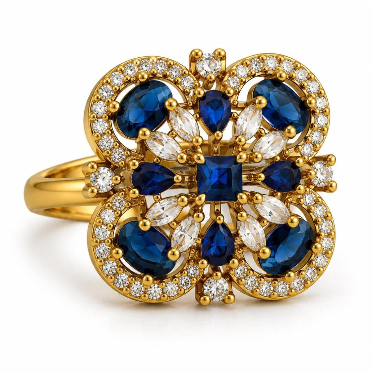 Blue Stone Four Leaf Clover Cluster Ring - Gold Plated, product view