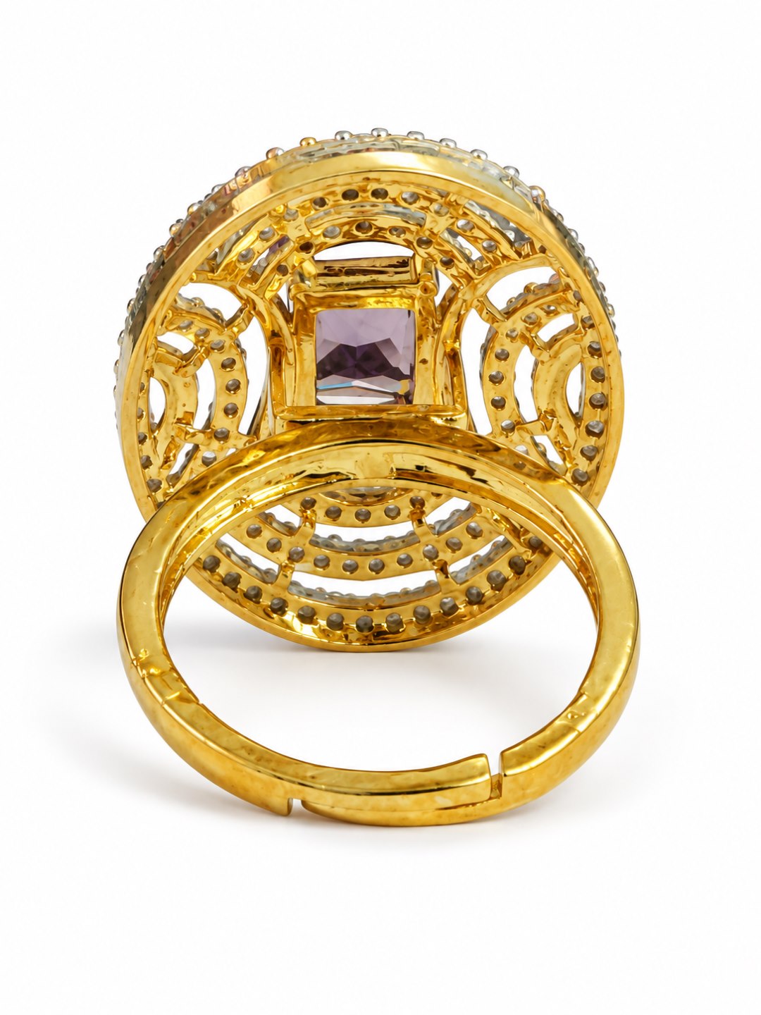 Purple Center Stone Oval Geometric Halo Ring - Gold Plated