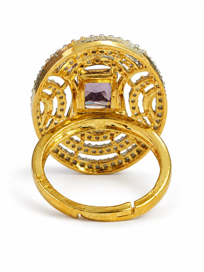 Purple Center Stone Oval Geometric Halo Ring - Gold Plated