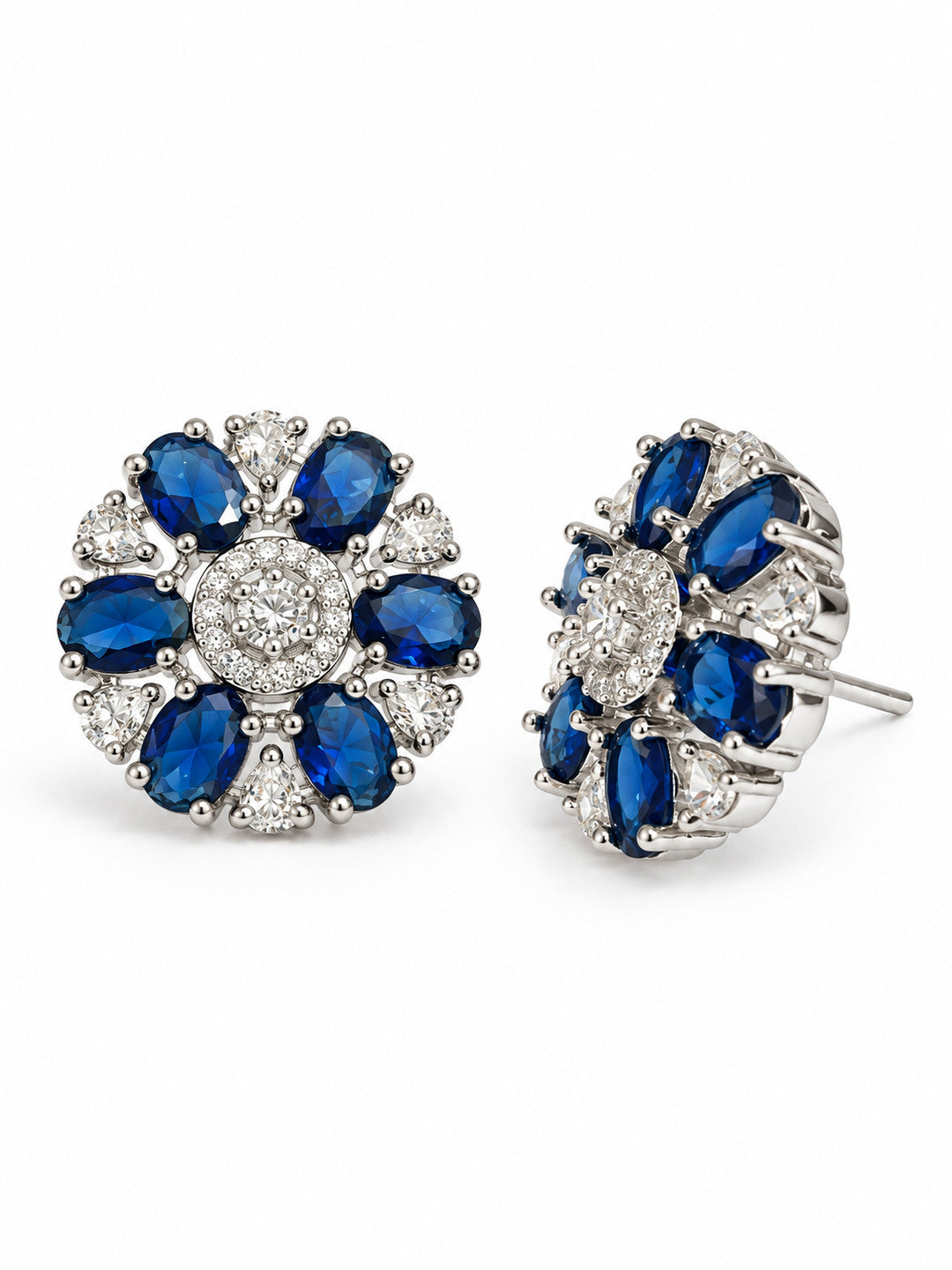 Blue Oval Stone Floral Stud Earrings in silver plating