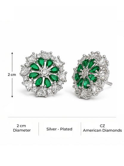 Green heart-petal flower silver-plated stud earrings