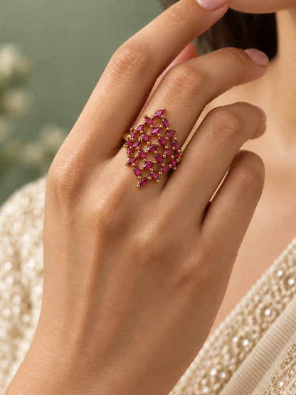 Red Stone Marquise Lattice Ring - Gold Plated, model close-up