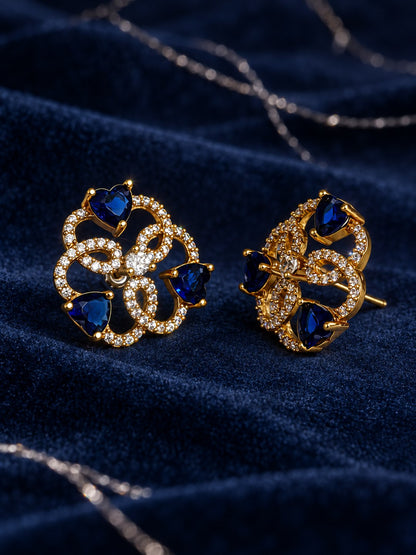 Blue Three Heart Openwork Floral Stud Earrings - Gold Plated