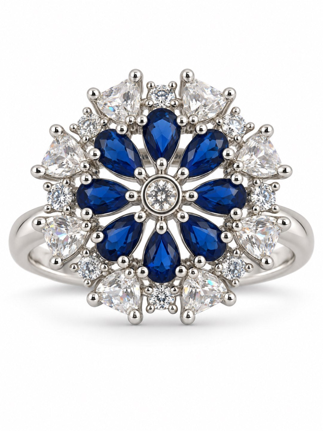 Blue Petal Halo Flower Ring - Silver Plated - alternate view