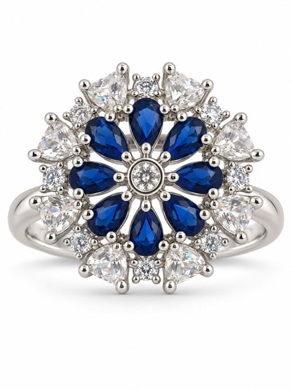 Blue Petal Halo Flower Ring - Silver Plated - alternate view
