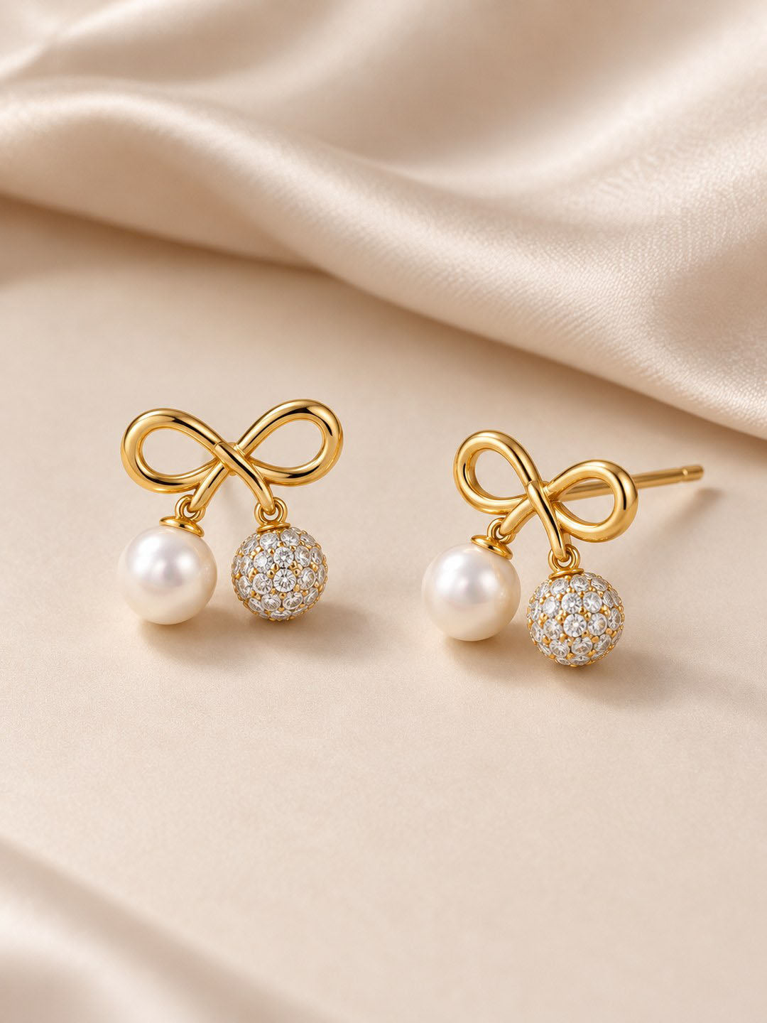 White Bead and Clear Stone Cherry Stud Earrings - Gold Plated, additional view 3