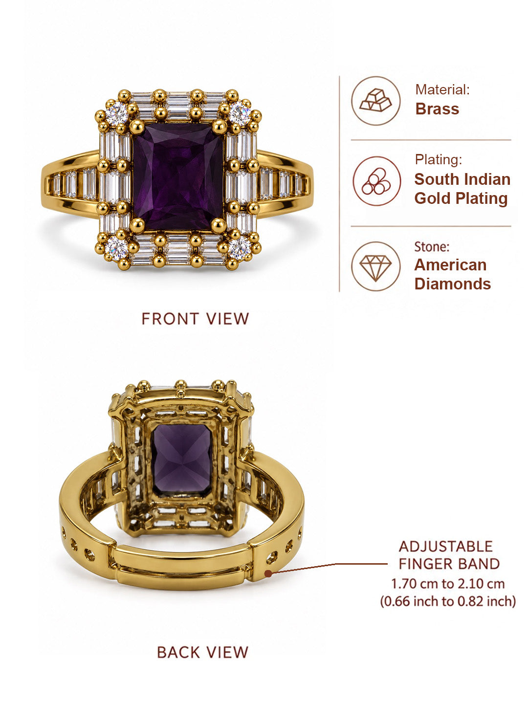 Purple Center Stone Baguette Halo Ring - Gold Plated product image