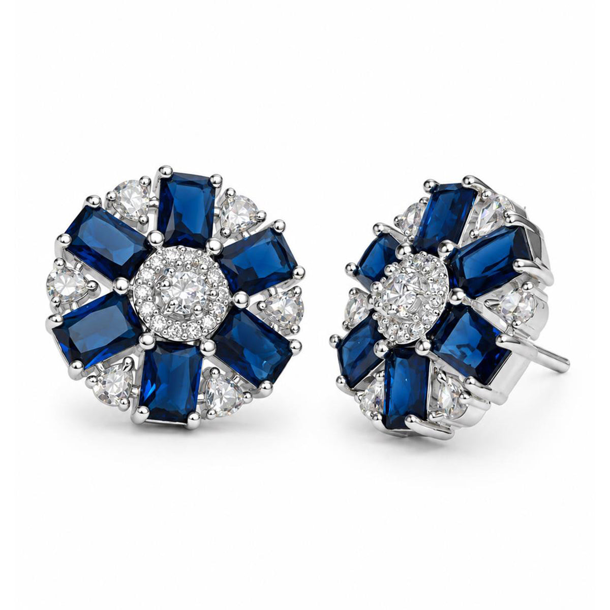 Blue round flower silver-plated stud earrings