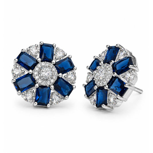 Blue round flower silver-plated stud earrings