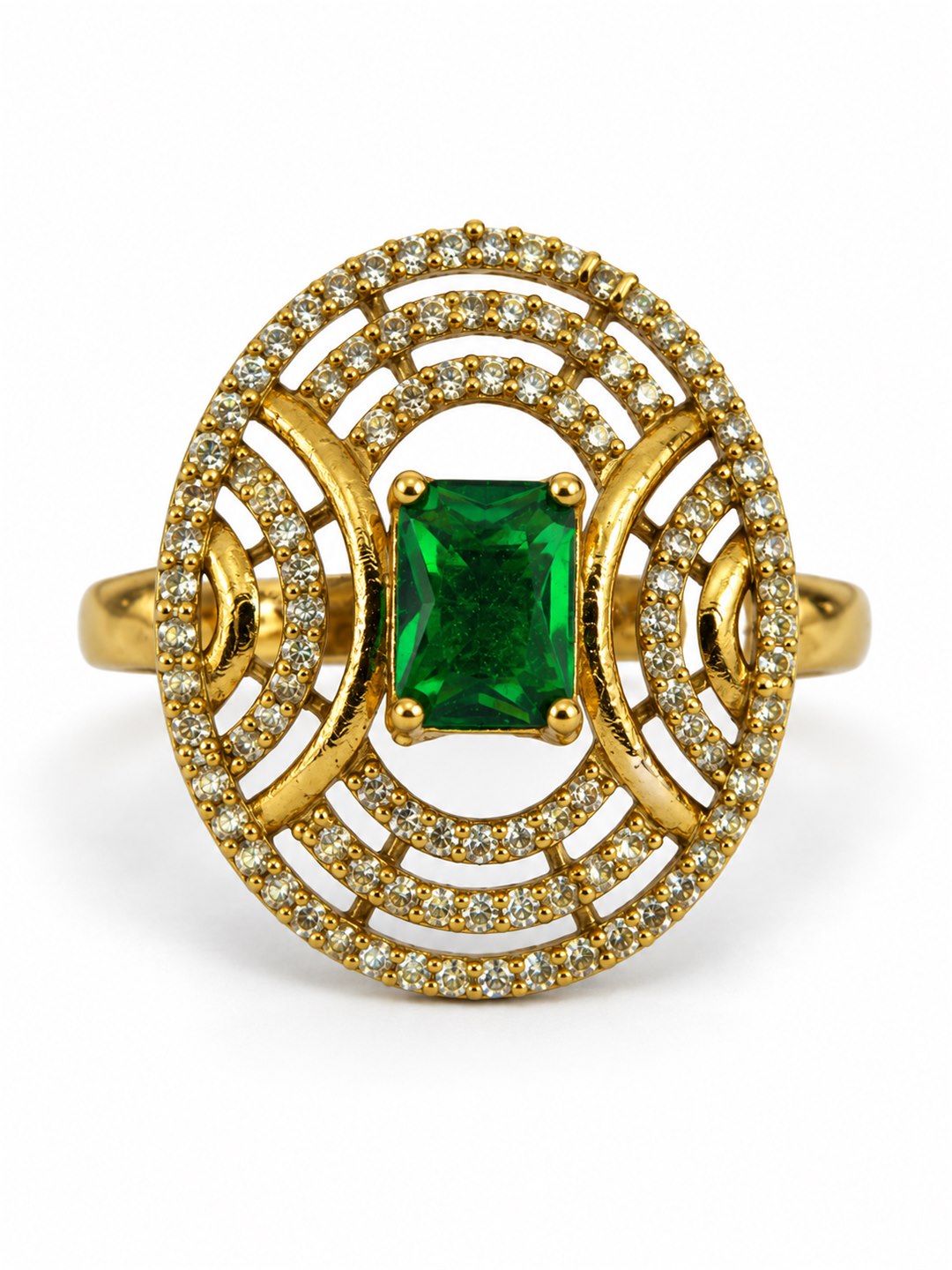 Green Stone Rectangular Stone Oval Halo Ring - Gold Plated, additional view 4