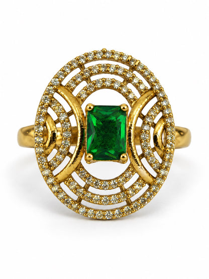 Green Stone Rectangular Stone Oval Halo Ring - Gold Plated, additional view 4