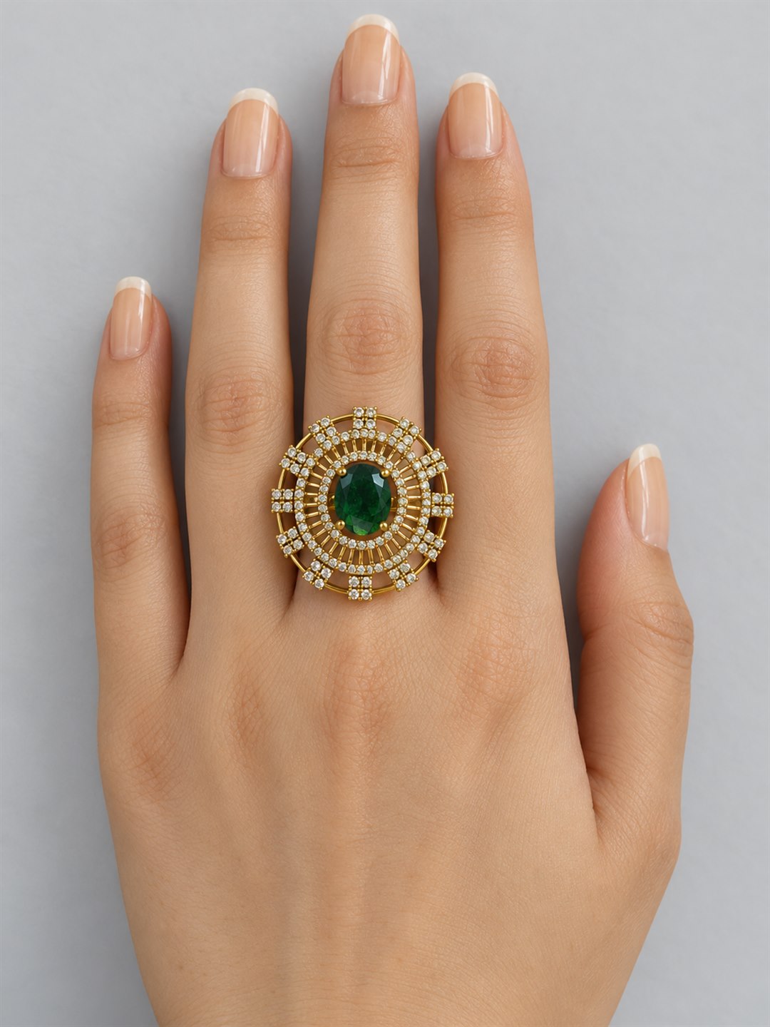 Green Stone Oval Baguette Halo Ring - Gold Plated, model close-up