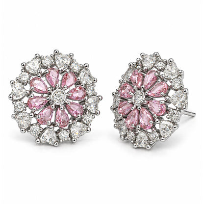 Pink heart-petal flower silver-plated stud earrings