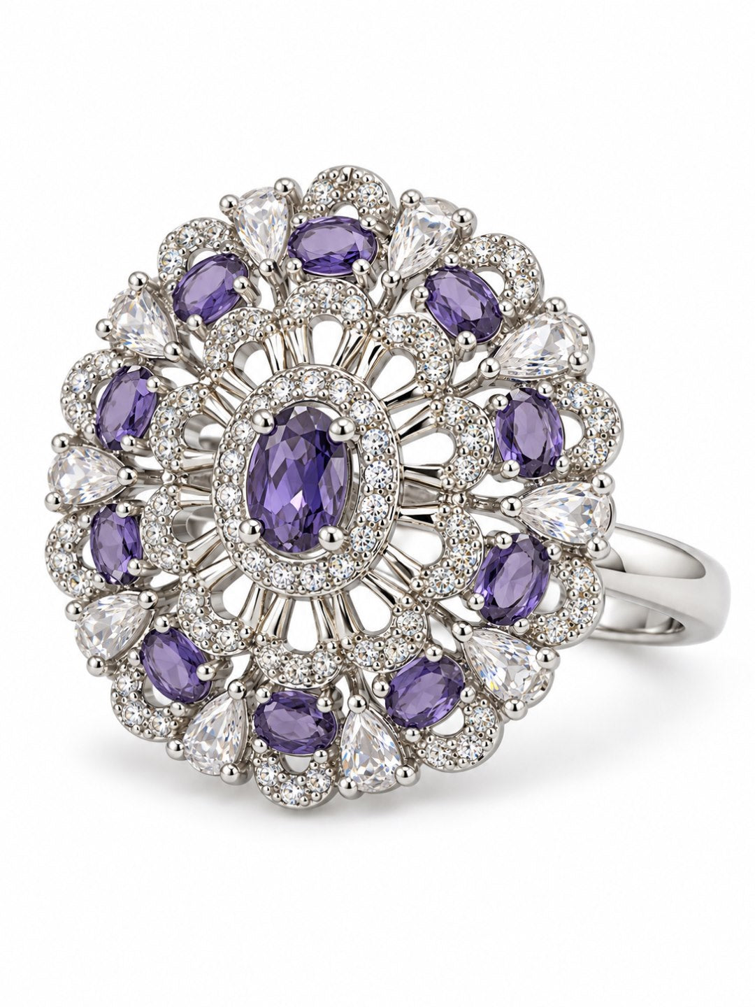 Purple Oval Center Floral Cluster Ring - Silver Plated - alternate view