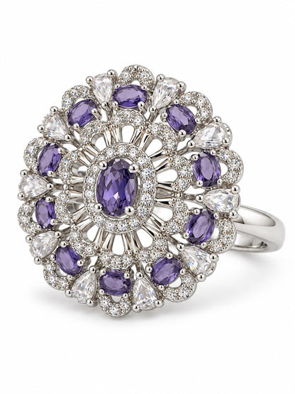 Purple Oval Center Floral Cluster Ring - Silver Plated - alternate view