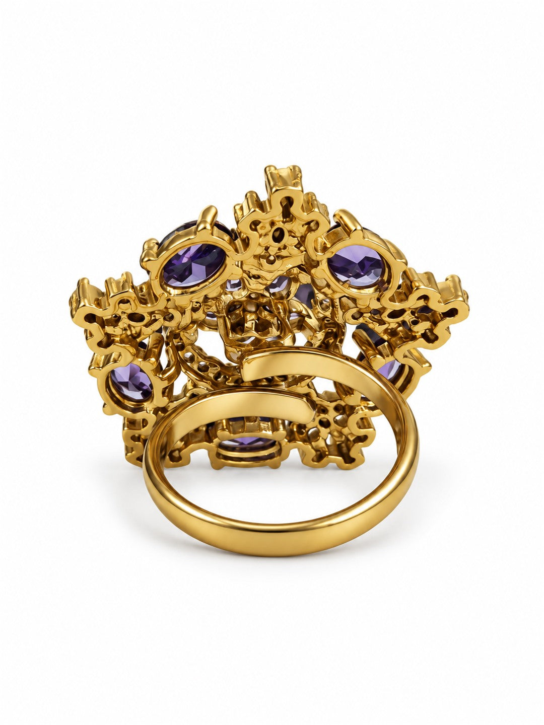 Purple Stone Floral Cross Cluster Ring - Gold Plated, additional view 5