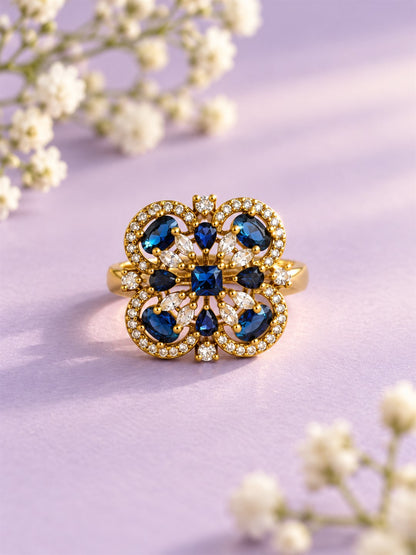 Blue Stone Four Leaf Clover Cluster Ring - Gold Plated, additional view 3