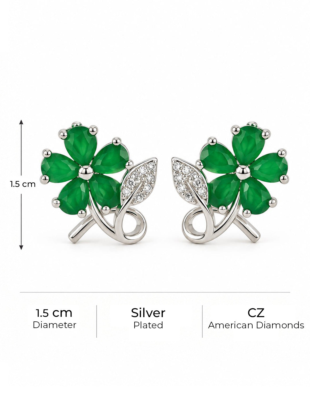Green Flower and Leaf Stud Earrings, silver plated, size and plating details