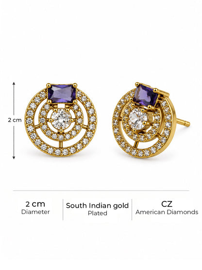 Purple Stone Double Halo Stud Earrings, gold plated, size and plating details